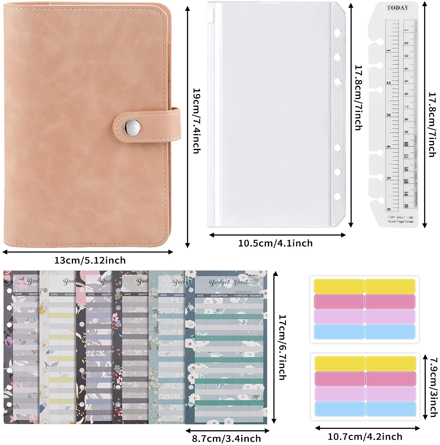 A6 PU Carpetas de cuaderno presupuestario de carpeta de cuero con bolsillos de carpeta transparentes, hojas de presupuesto, calcomanías de etiquetas, por dinero ahorrador