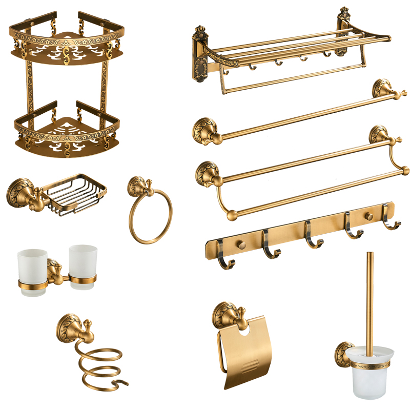 Antique Brass Bathroom Accessories Set Shelf Towel Bar Cup Holders Hairdryer Rack Tissue Holder Roll Paper Holder Soap Dish