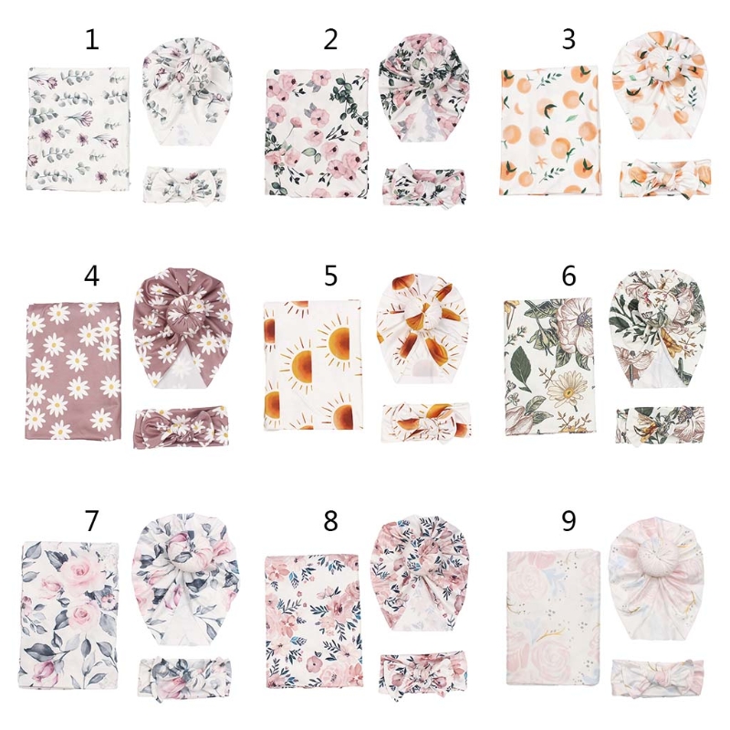 Newborn Baby Floral Print Swaddle Wrap Knotted Beanie Hat Bowknot Headband Set Infant Receiving Blanket Gifts