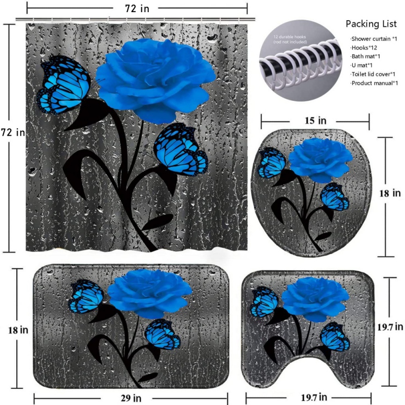 4 i 1 badrumstillbehör Set digital tryckt duschgardin Anti Slip Floor Mat Toalett Toalett Vattentät blommig dekoration