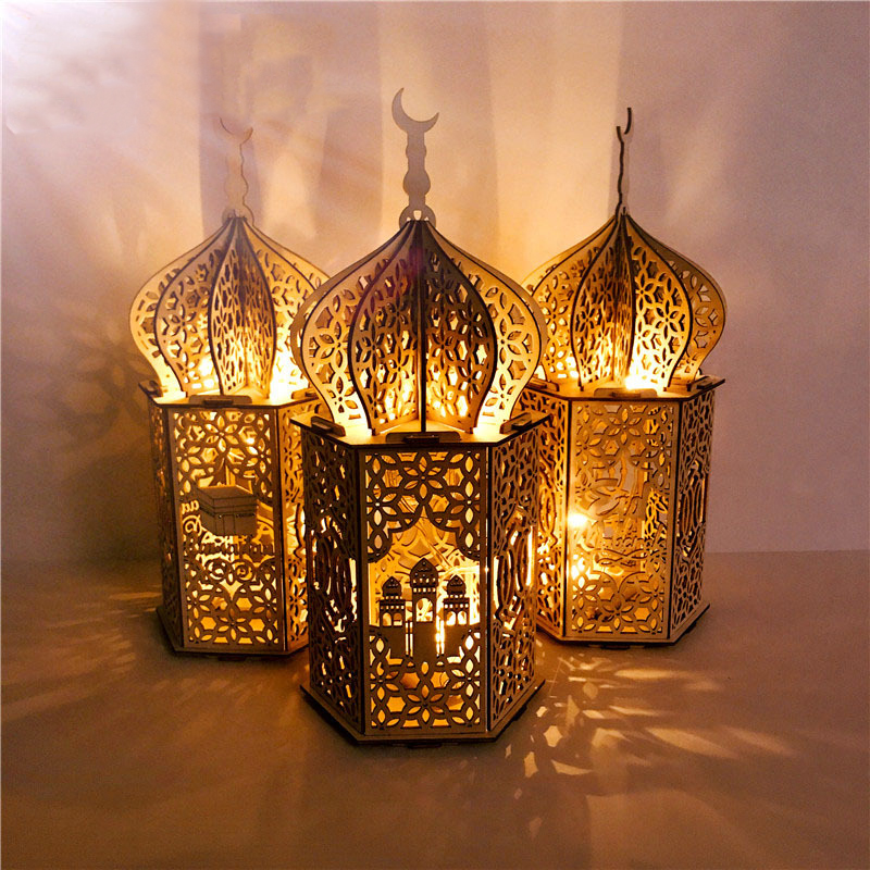 Wooden Eid Mubarak Light Accessories Ramadan Kareem Ramadan Decorations Islam Gift Muslim Hanging Lantern Palace Light Eid Party