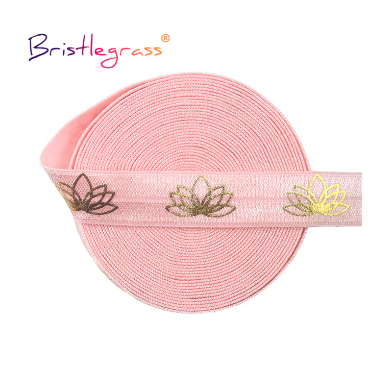 BRISTLEGRASS 2 5 10 Yard 5/8" 15mm Lotus Flower Foil Print Fold Over Elastic FOE Spandex Band Tape Hair Tie Headband Sewing Trim