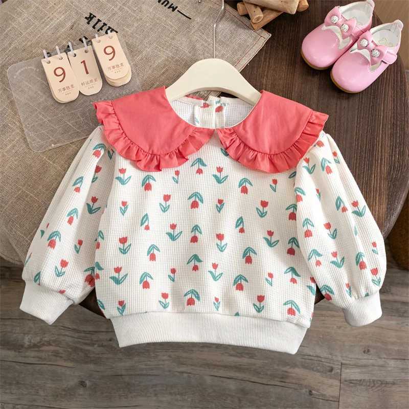 T-shirts filles sweatshirts imprimer des t-shirts floraux pour les enfants à manches longues chouxes de tout-petit décontractées 2023 Automne Hiver Baby Outfits 240410
