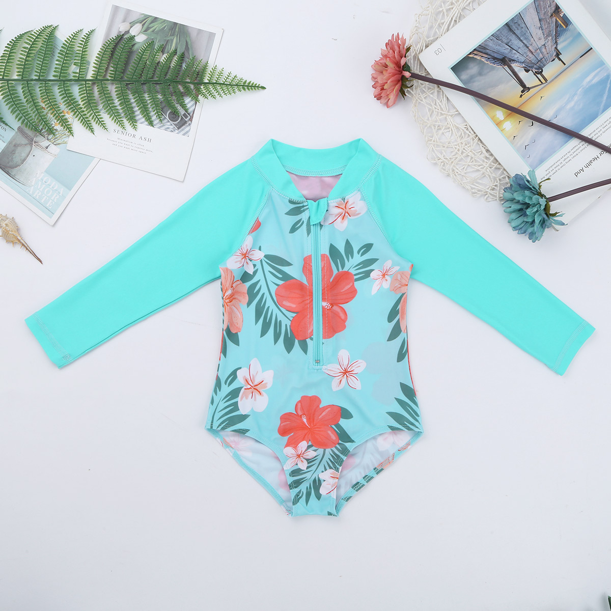 TiaoBug Baby Girls One-piece Swimsuit Long Sleeves Flower Printed Swimwear Kids Toddler Beachwear Rash Guard Child Bathing Suit