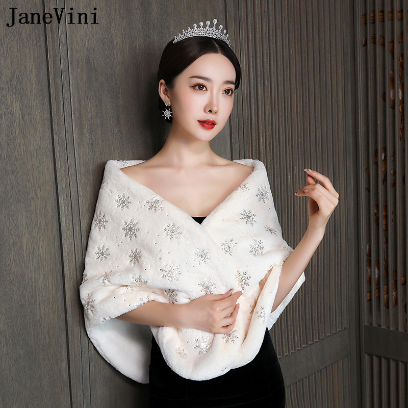 JaneVini 2022 Elegant Wedding Cape for Bride Champagne Snowflake Pattern Bridal Evening Jackets or Bolero Faux Fur Shawls Wraps