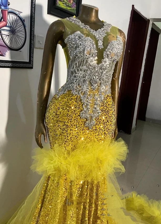 2024 Yellow Elegant Evening Dress Black Women's Gowns Cake Skirt Lace Hem Glitter Sequins Applique Mermaid Floor Length Dresses