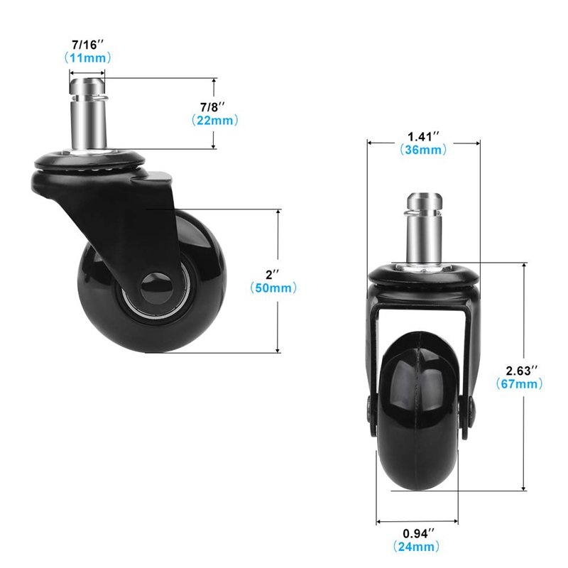 Remplacement Chair Wheels 2 pouces, roues lourdes avec tige de plug-in 7/16 x 7/8 pouces, roulement lisse silencieux