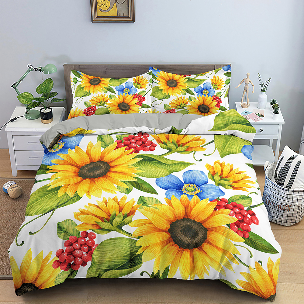 3D Sunflower King Queen Däcke täcke gula blommor sängkläder set blommor gröna blad med täckning 2/3st polyester täcke täckning