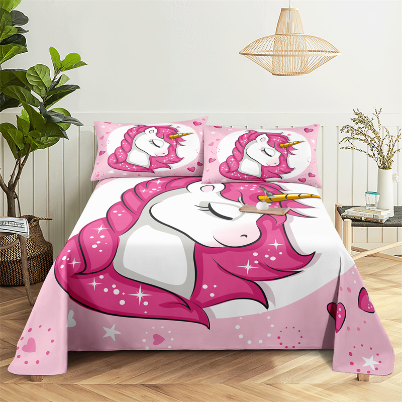 Puente de cama de unicornio Hogar Impresión digital Bed de poliéster Sábana plana con funda de almohada Bedera