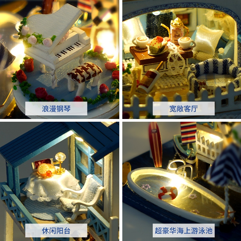 Cutebee DIY DollHouse Miniature Doll Houses Kit Summer Hawaii Sea View Room Mini House LED Lights Toy For Children Birthday Gift