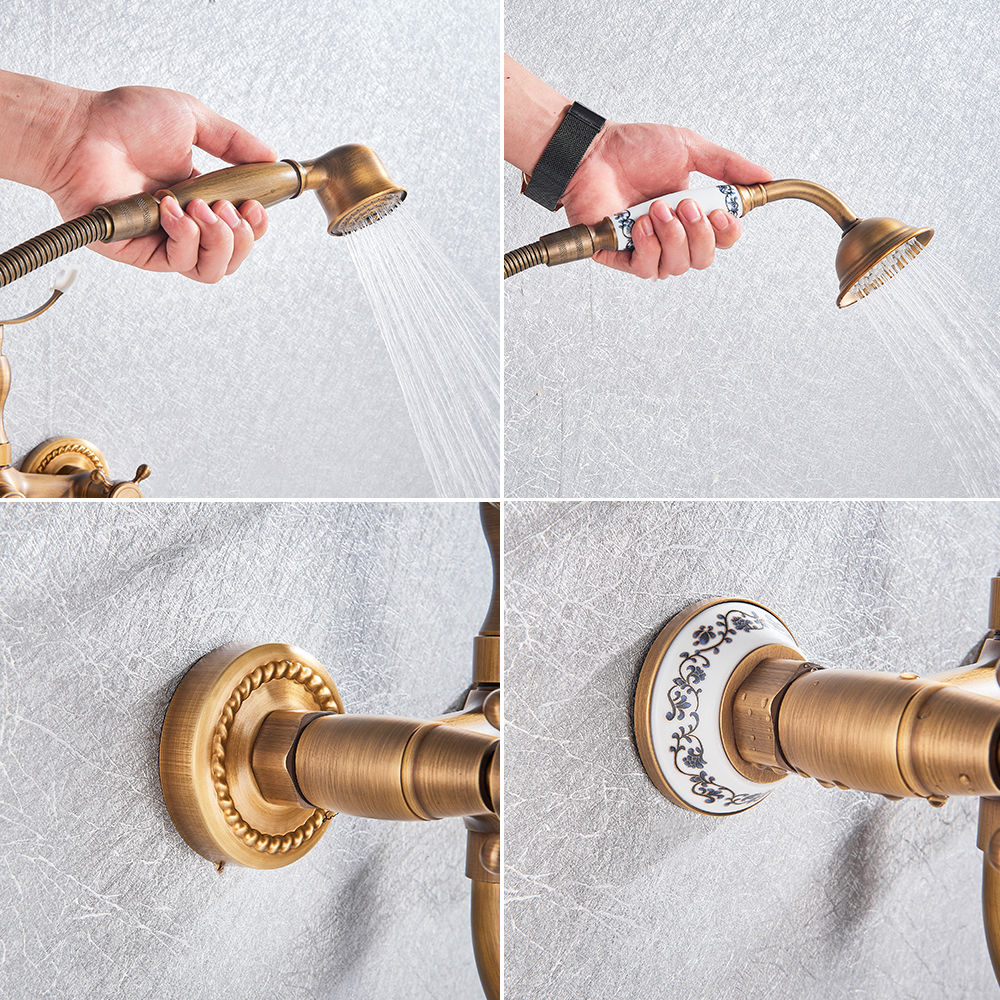 Torneira de banheira antiga de latão na parede de 30 cm de comprimento Bathtub Bathtub Mixer Tap Brass Gire o banho de banho de nariz comprido Conjunto de chuveiro de cerâmica