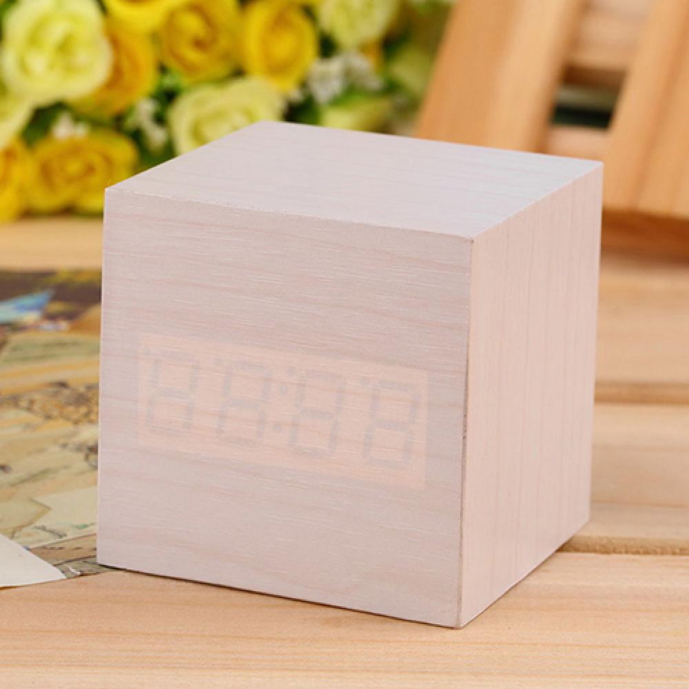 Temporizador de calendario LED Reloj de alarma moderna Termómetro digital Termómetro de madera Cubo de madera Reloj