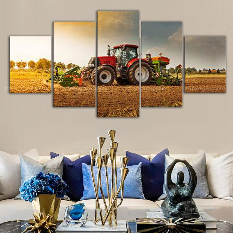 5 peças Arte da parede Arte obra de arte vermelha Harvester na fazenda Impressão de impressão Decoração HD Poster Pintura da estrutura da sala de estar