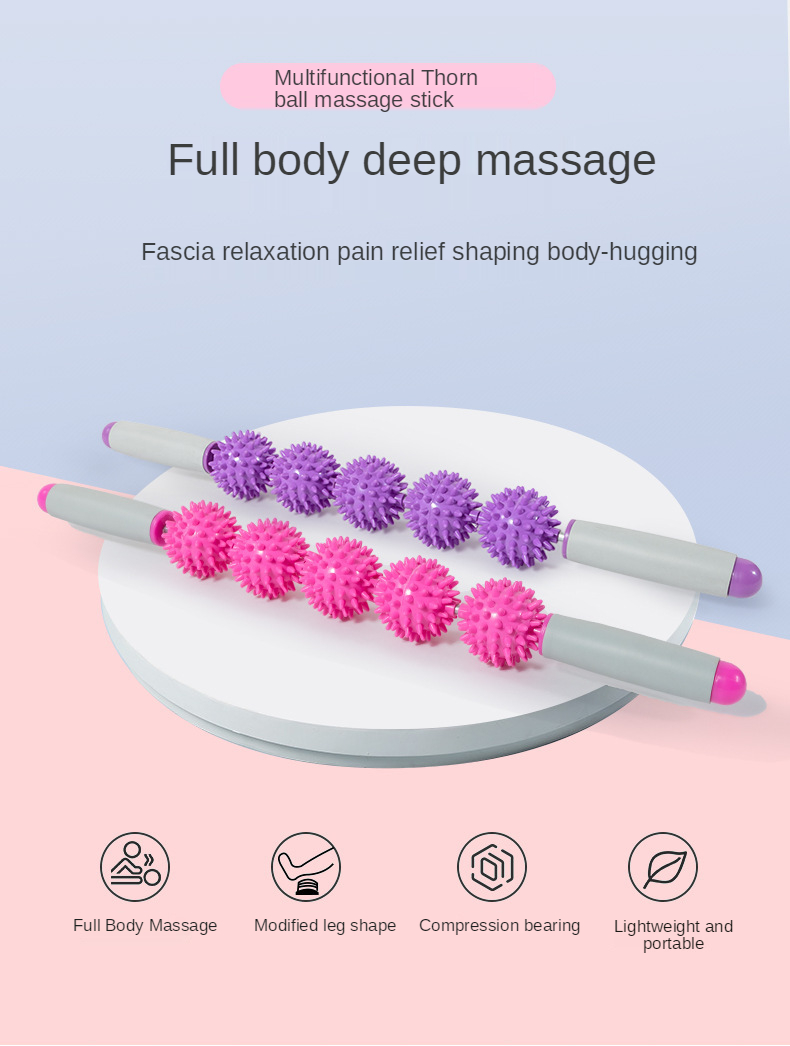 Pilates Gym Muscle Massage Roller Yoga Stick Body Massage Relax Tool Muscle Roller Sticks with 5 Spiky Ball 360 Degree Rotation