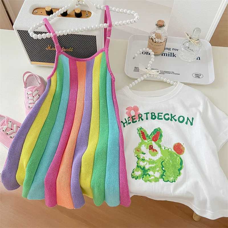 T-shirt 2024 Girl Summer Clothes Set T-shirt con stampa coniglio + vestito camisole arcobaleno dolce 2 pezzi abiti da maglia da maglieria set di abbigliamento coreano 240410