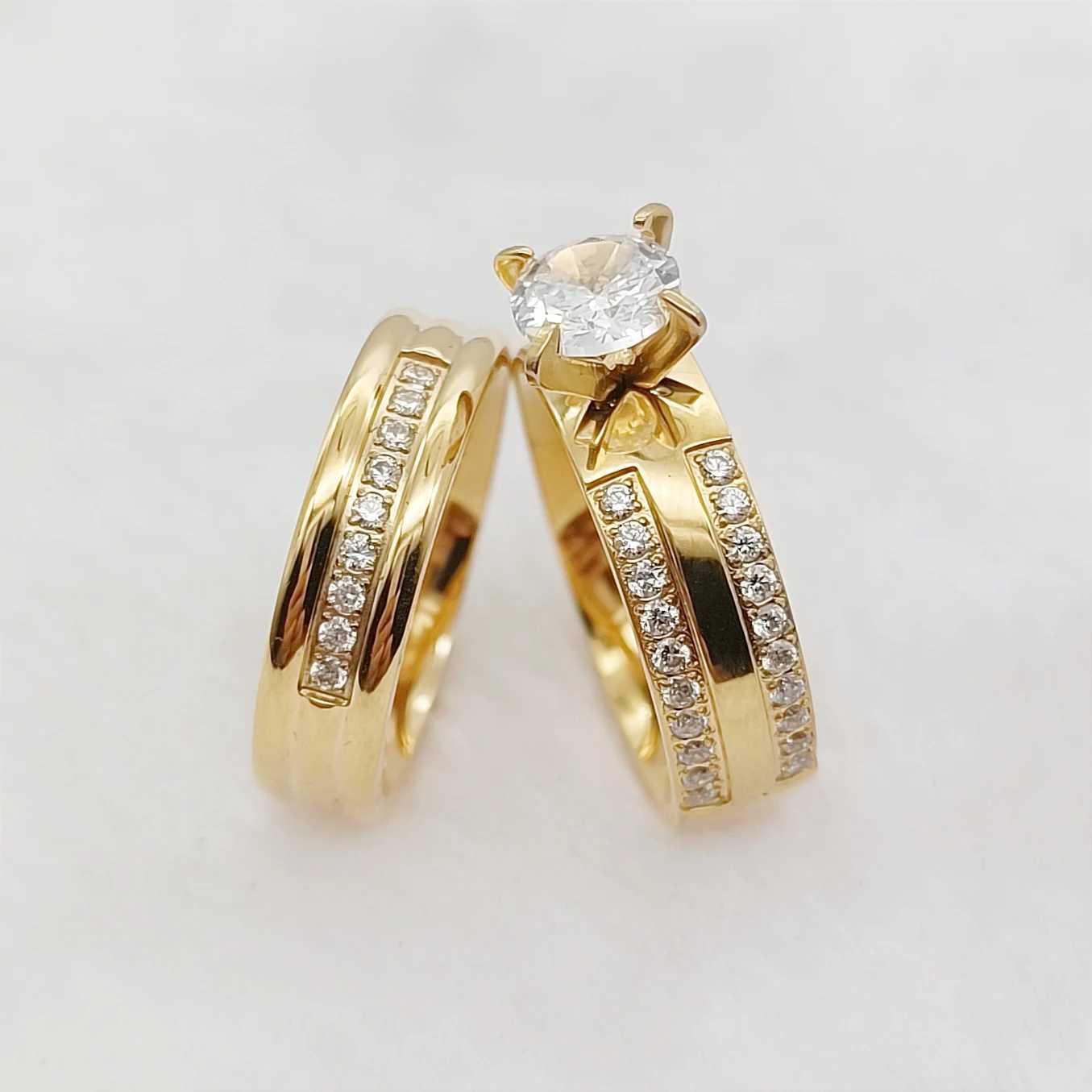 Bandringe 24K Gold plattiert 316L Edelstahlschmuck CZ Diamond Ehering Set Geeignet für Frauen- und Frauen-Verlobungs-Statement Geschenke J240410