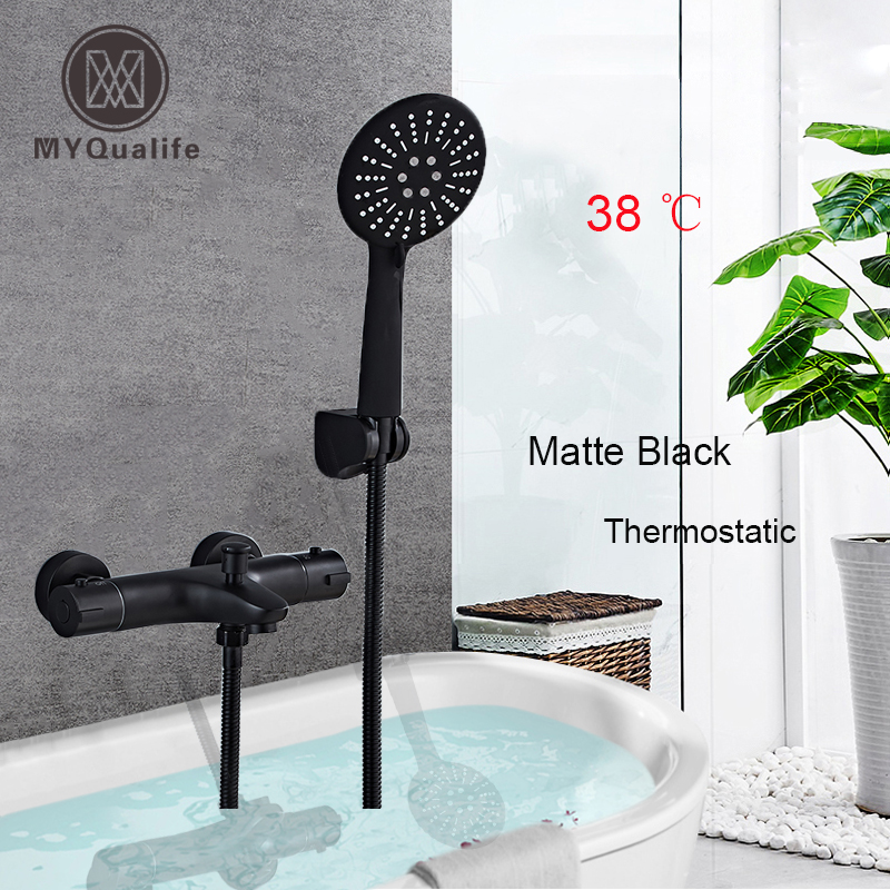 Black Thermostatic Shower Mixer Faucet Dual Handle Constant Temperature Shower Mixer Tap Handheld Bath Shower Set with Bracket