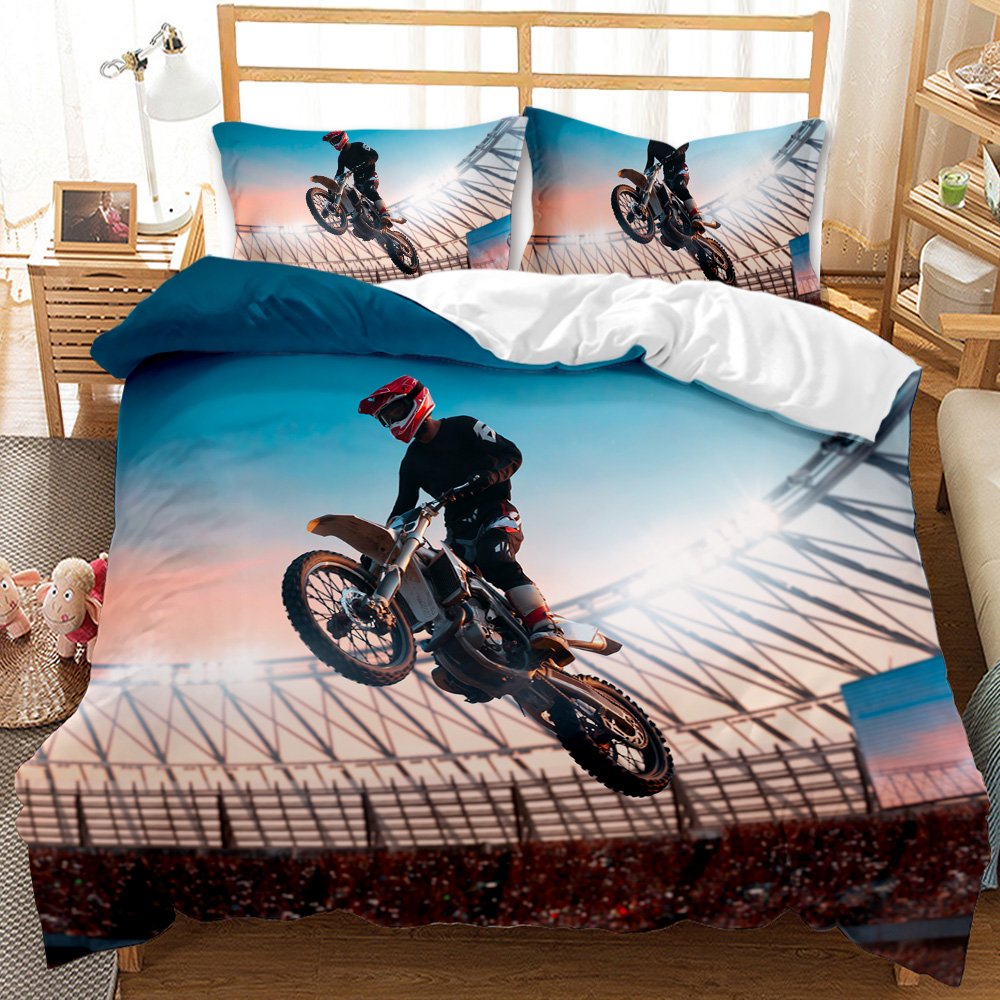 Motocross Rider Bedding Set Extreme Sports Theme Däcke Cover Teens Motorcykel Comporter Cover Dirt Bike Polyester Quilt Cover