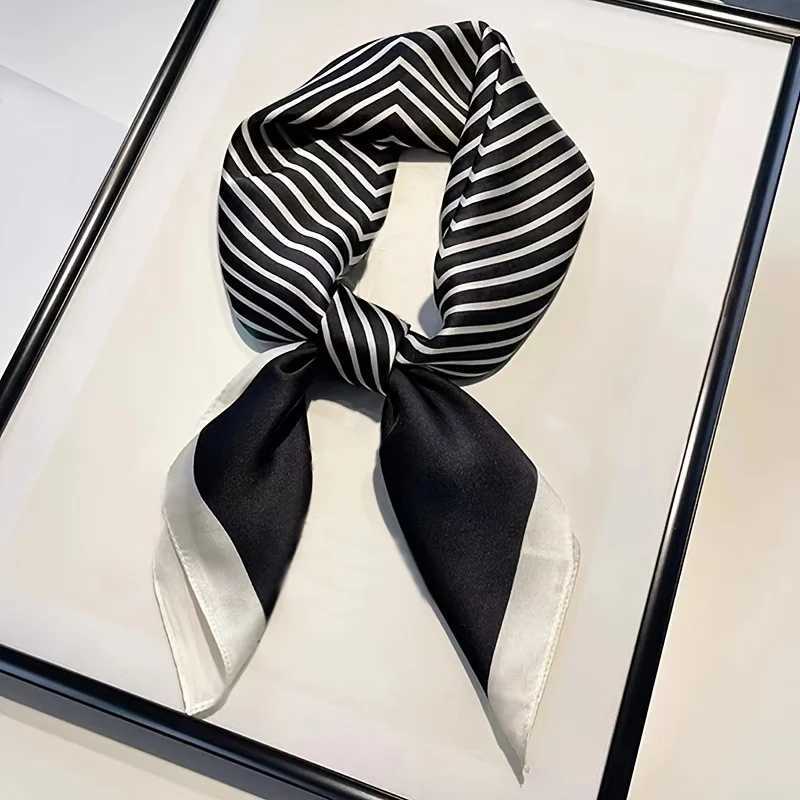 Scarves Square Imitation Silk Scarf Black And White Striped Head Wrap For Women Multifunction Silk Feeling Neckerchief 240410