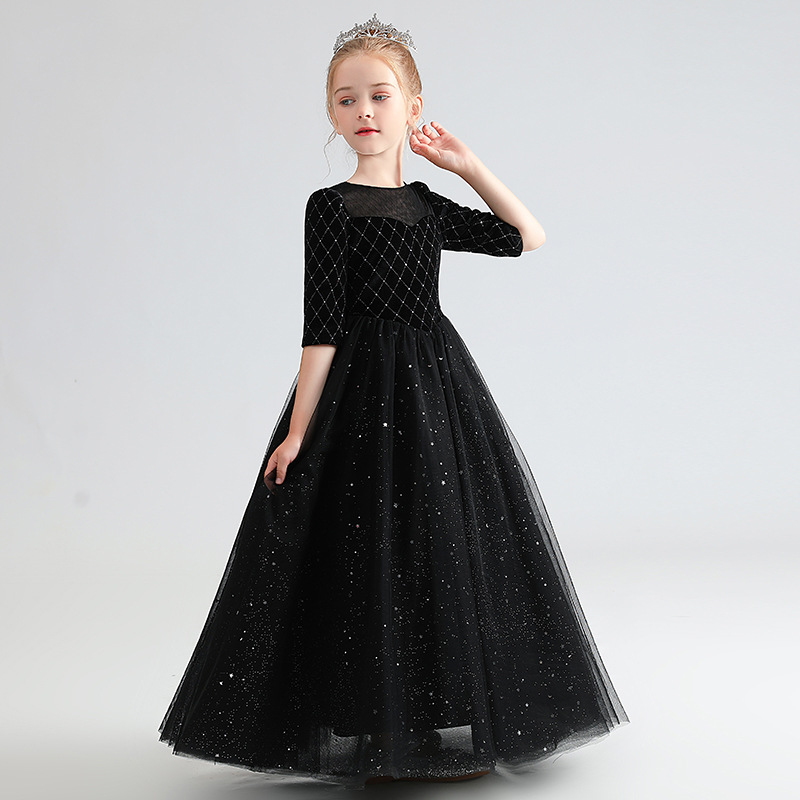 Beauty Black Half manches Jewel Girl's Birthday Robes de fête Robes de concours de fille Robes de fleur de fleur Jupes de tous les jours.