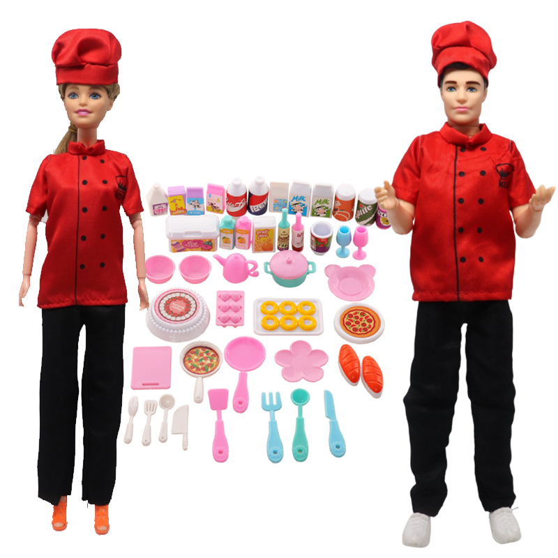 New Clothes for Barbie and Ken Chef Top Pants Hat Set with Kitchen Tool Food Accessories Mini Items Dollhouse Toy