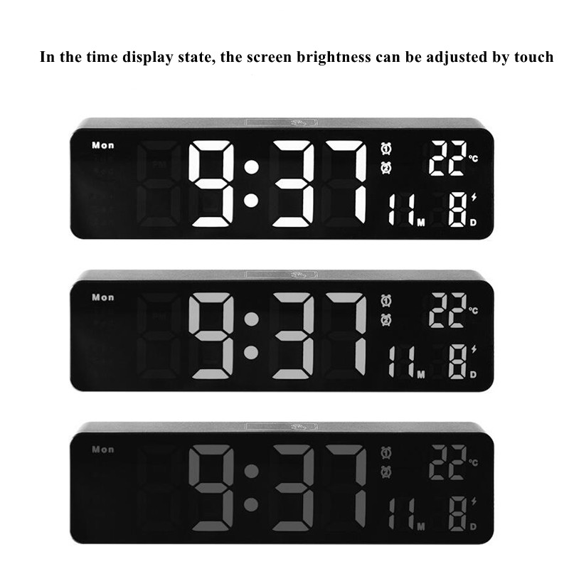 10.23 Zoll große digitale Wanduhr Temperatur Datum Woche Dual Alarme Nachtmodus Sprachsteuerung Touch Snooze Tischuhr 12/24H LED -Uhr