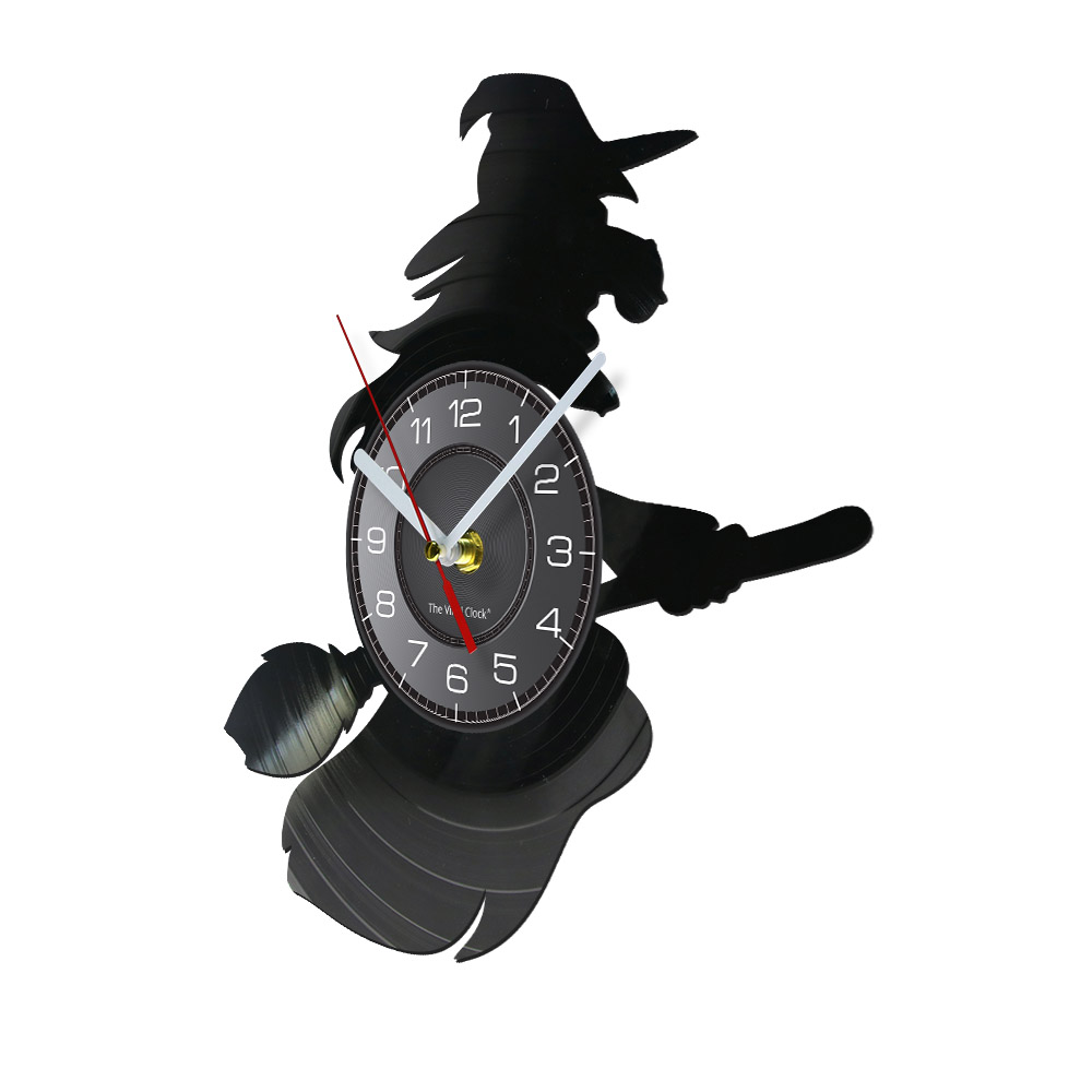 Witch Witch with Broomstick Silhouette Mur Clock Witchcraft Magic Fairy Tale Character Wall Wat With LED Halloween Art-Decor