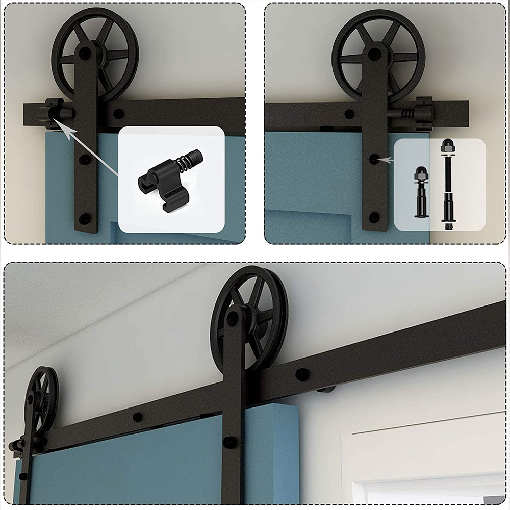 HACCER 4-12ft Sliding Barn Door Rails golvhandbok Svart Big Spoke Wheels Hanger System Double Door Hardwit Sats