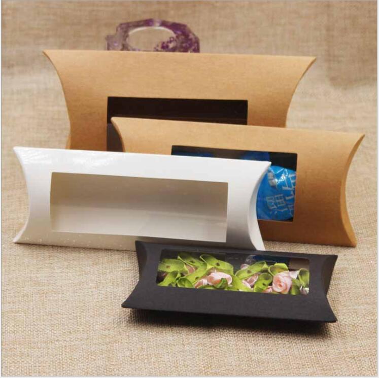 10 piezas DIY MARRÓN EN BANDA/BLANCO/NEGRO Caja de regalo de papel de almohada pequeña con ventana transparente de PVC Cajas de ventana de papel Kraft