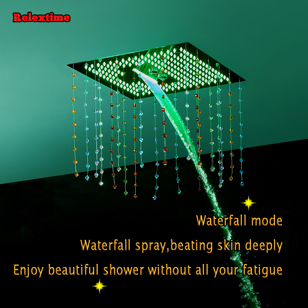 Crystal Pendant Bluetooth Music LED Ceiling Rain Shower Head Thermostatic Concealed Shower Panel Tap Speaker System Massage Jets