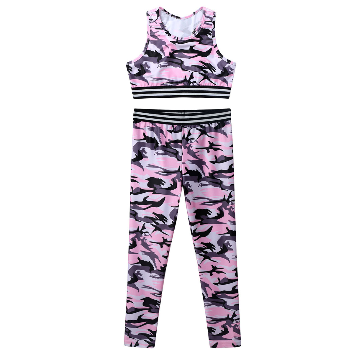 Roupa de tracksuit para meninas, tanques impressos de camuflagem, top de colheita e calças de leggings, roupas esportivas infantis, ternos de ginástica, tops de sutiã