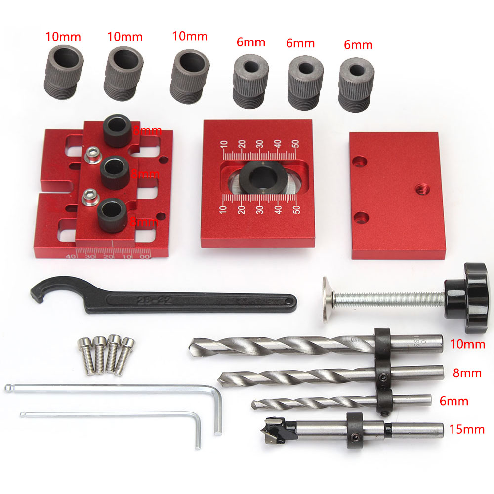 3 in 1調整可能なダウリングジグ垂直ホールパンチャードリルガイドロケーターツール6/8/10/15mmドリルビット木工ツール