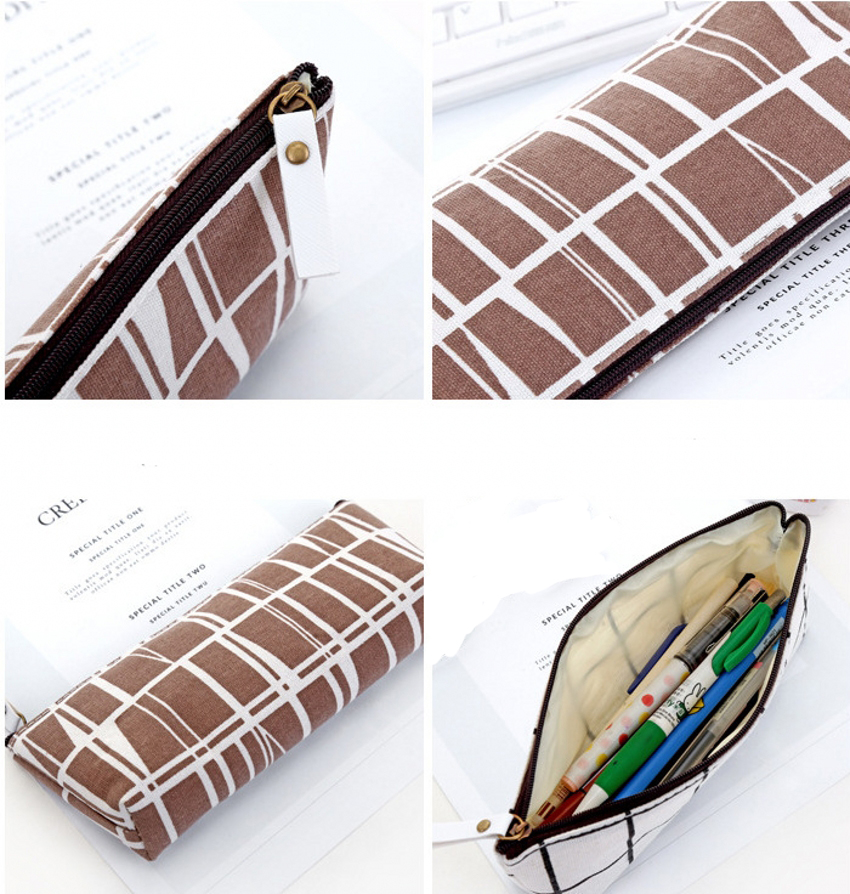 Zipper Pencil Case Bags School Striped Grid Solid Color Pencil Bag Pouch Office Kids Supplies Primary Students Birthday Gift