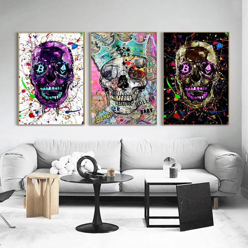 Abstract Colorful Skulls with Crown Canvas Paintings Graffiti Posters Print Wall Art Pictures for Living Room Wall Decor Cuadros