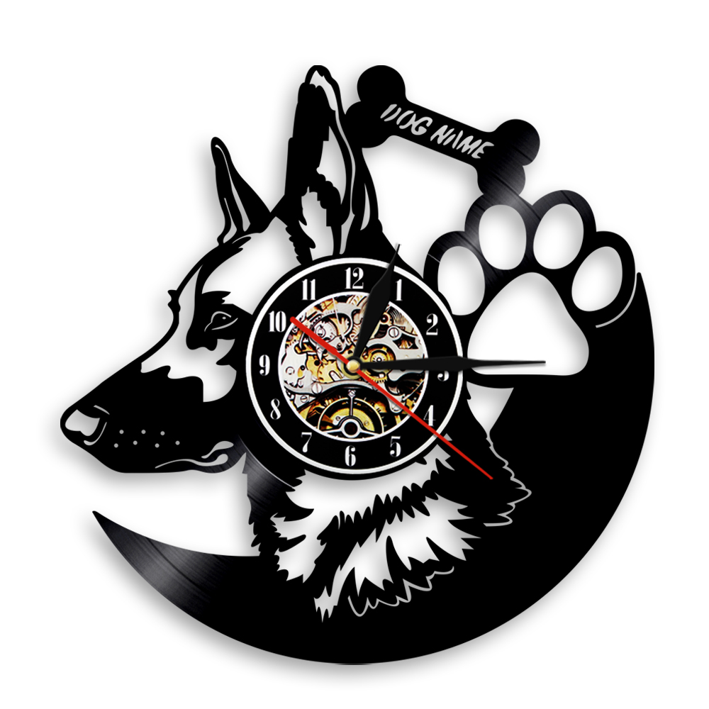 Dog Breed German Shepherd Dog Art Wall Decor Clock Customize Dog Name Vinyl Record Wall Clocks Modern Gift For Pet Lover