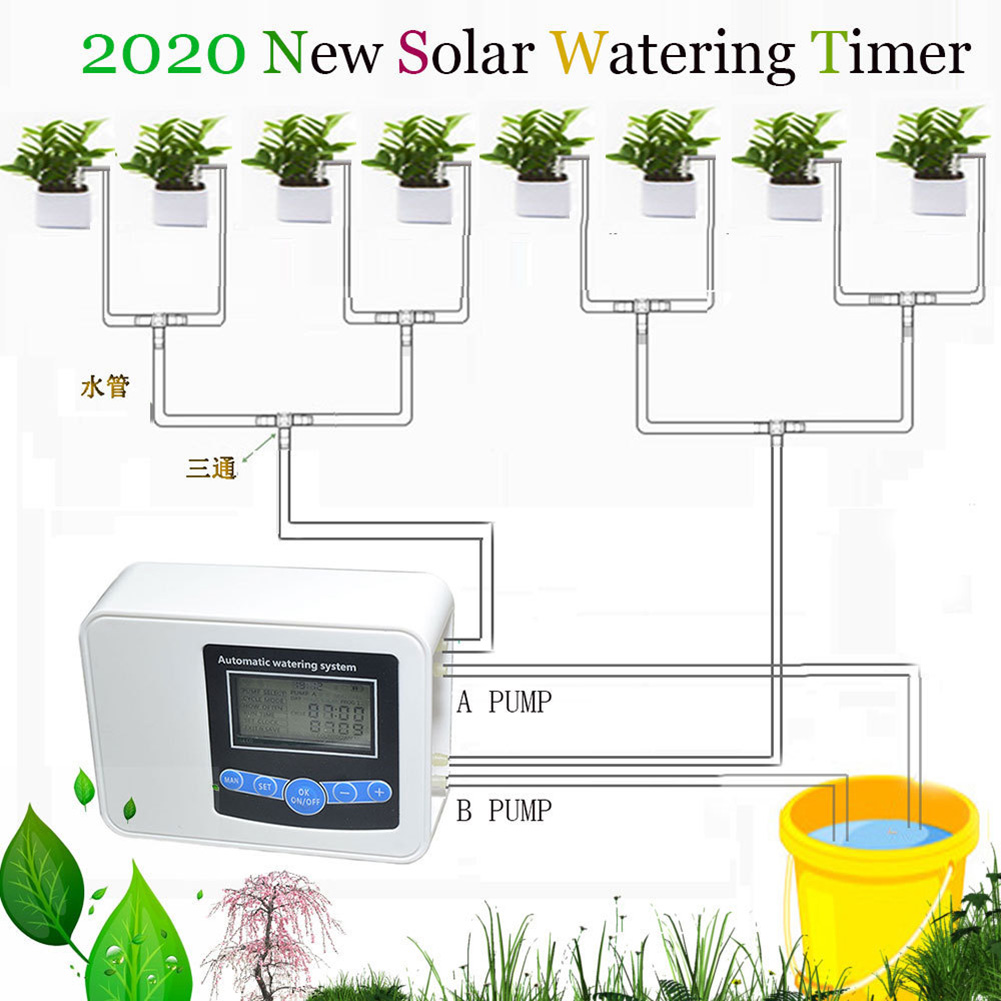 Dual-pump Smart Drip System Timer Garden Automatic Solar Energy Charging Watering Set for Potted Plant Flowers