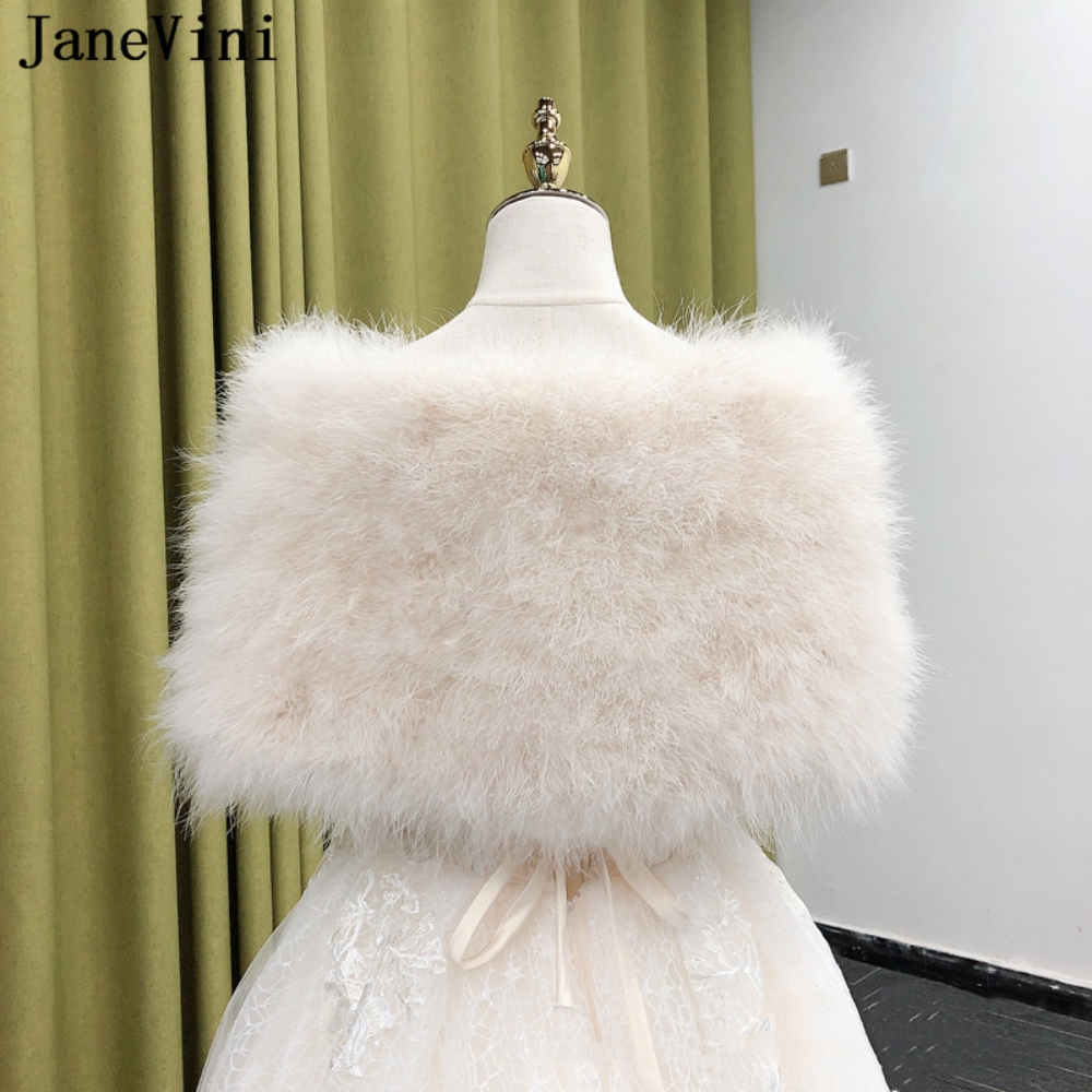 JaneVini New Elegant Beige Ostrich Feathers Faux Fur Coat Bridal Shawls Wraps Wedding Party Bolero Jacket Winter Warm Cape Cloak