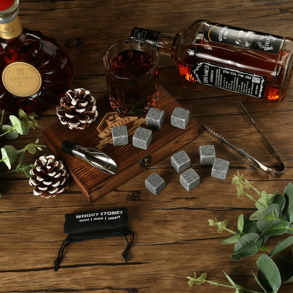 Ensemble cadeau Whisky Stones - 9 Granite Chilling Stones Whisky Rocks - Réutilisables Cubes de glace avec bouchon de pinces - Meilleur cadeau de consommation d'alcool