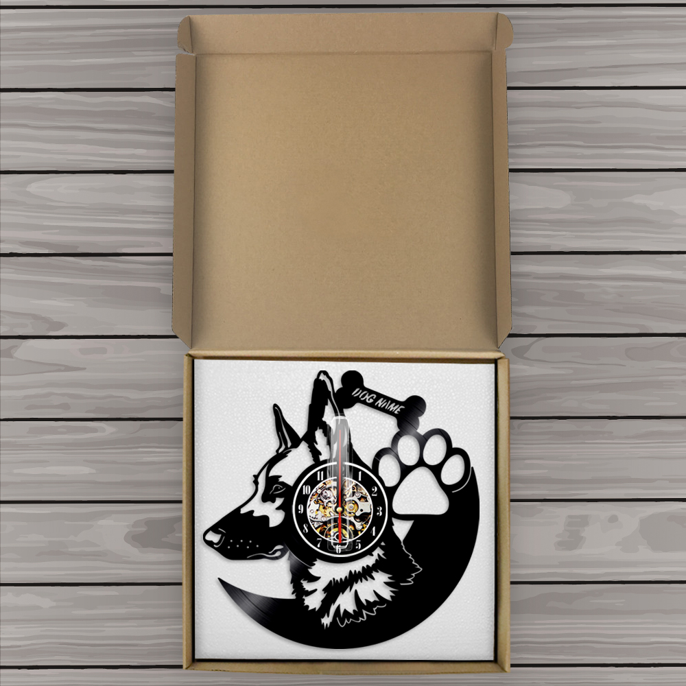 Raça de cão Alemão pastor de cães Arte Decoração de parede Relógio Personalizar nome de cão Relógios de parede de vinil Relógios de parede Modern para amante de animais de estimação