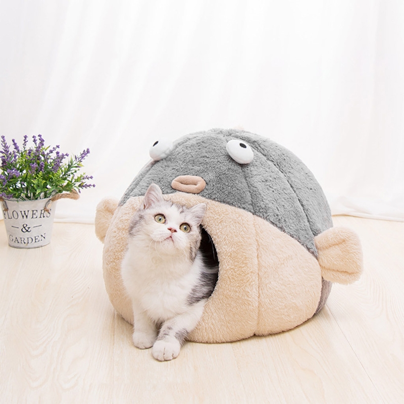 Igloo Pet Bed House Soft Indoor Enclosed Pufferfish Cave Tent for Cats Kittens Puppies Small Animals Removable Cushion