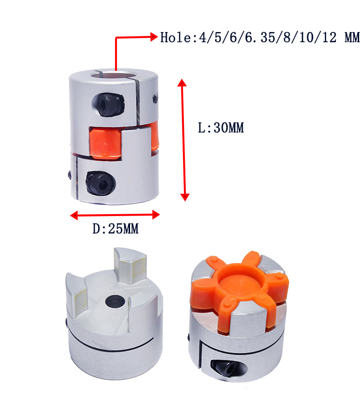 CNC Motor Jaw Couplers Flexibele Spider Plum Elasti -askoppeling D25 L30 4 mm 5 mm 6m mm 6,35 mm 9 mm 10 mm 12 mm 12 mm