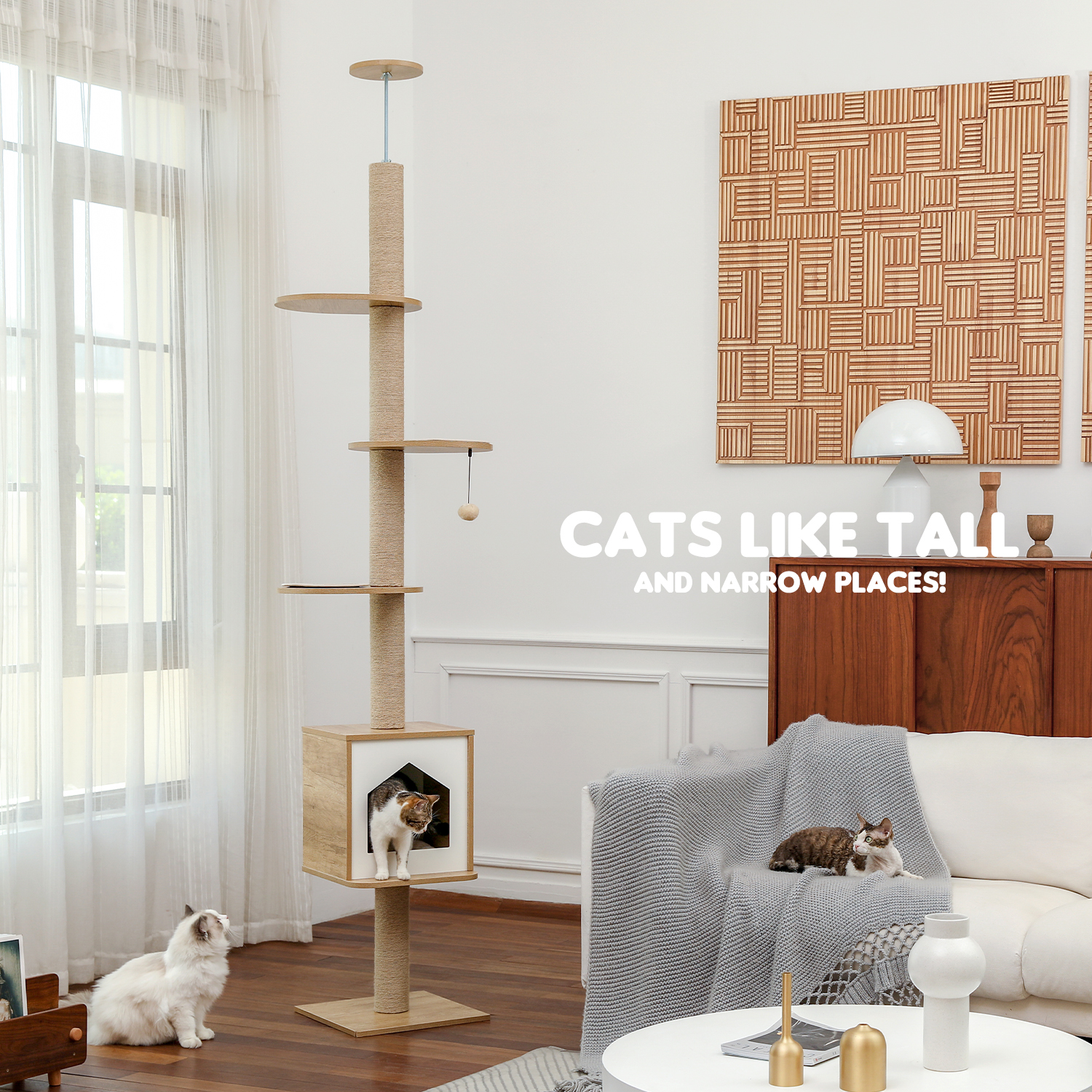 Modern Cat Trees Floor to Ceiling Stable Scratcher Multi-Level Cat Towers with Ladder Condos Hammock Solid Durable Natural Sisal