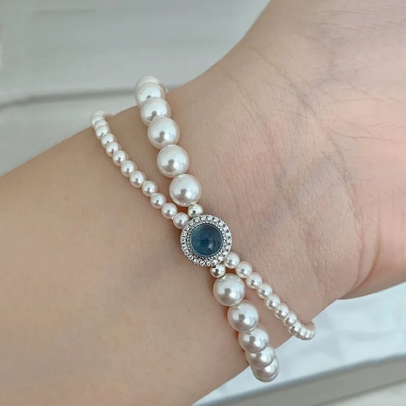 S925 Silver Ocean Blue Treasure Shi Family Pearl Bracelet Sense haut de gamme pour femmes, Bracelet à double couche de style perlé unique