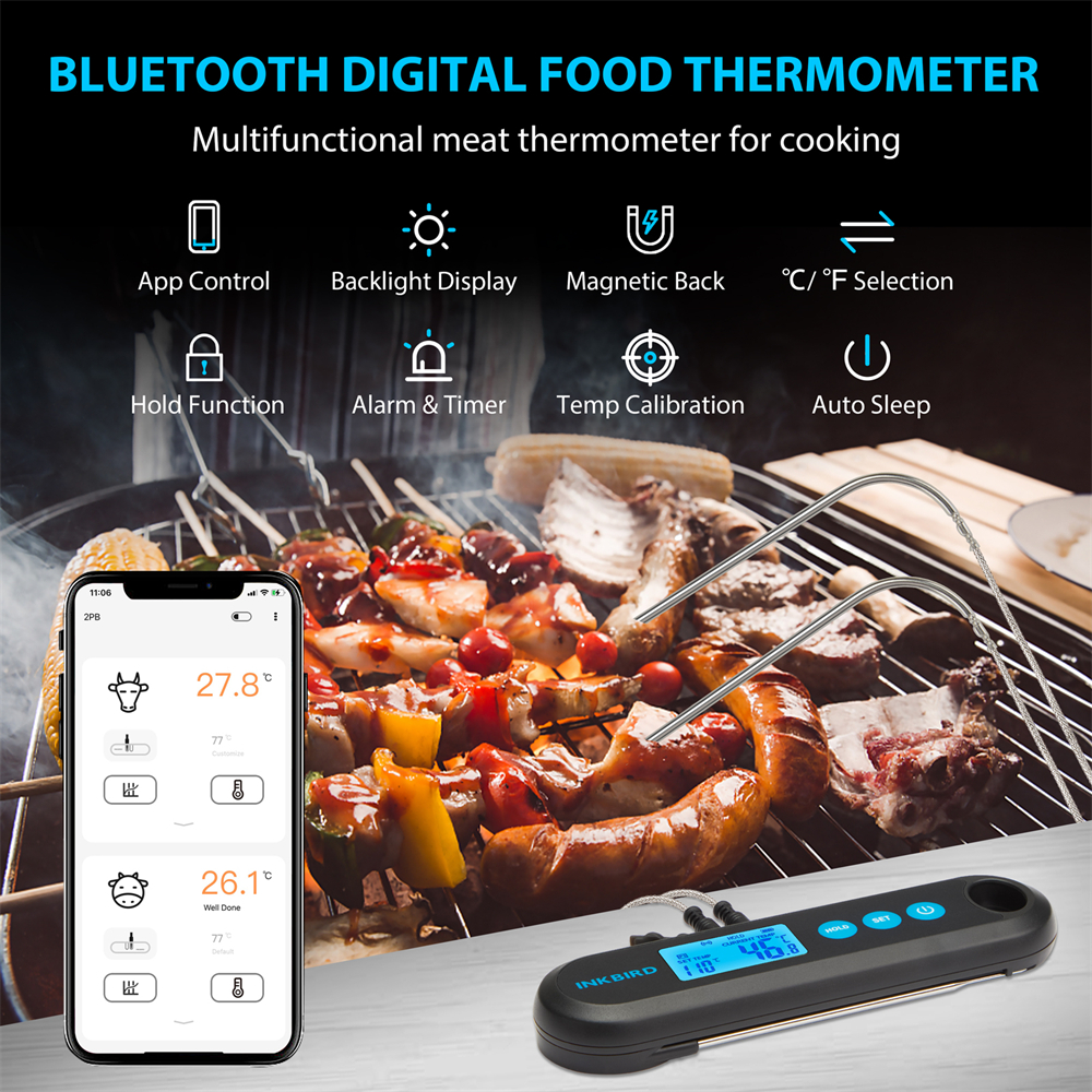 Digital Meat Thermometer With 2 External Probes Backlight Display 2 Sec Instant Readout Bluetooth Rechargeable Food Thermometer