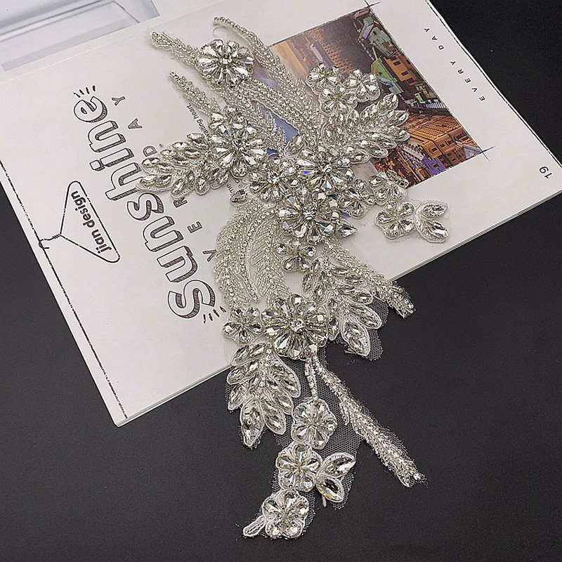 30x17.5CM Clear Crystal Rhinestone Beaded Bridal Bodice Applique for Wedding Belt Bridal Sash Haute Couture Aceessories