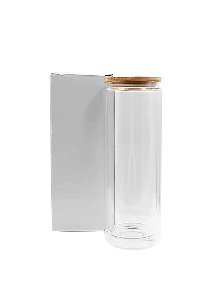 Canecas de 16 onças sublimação transparente de vidro transparente jarra gelo de café garrafa de água com tampa de bambu Wid Straw Paredes duplas portáteis Glass Can 240410