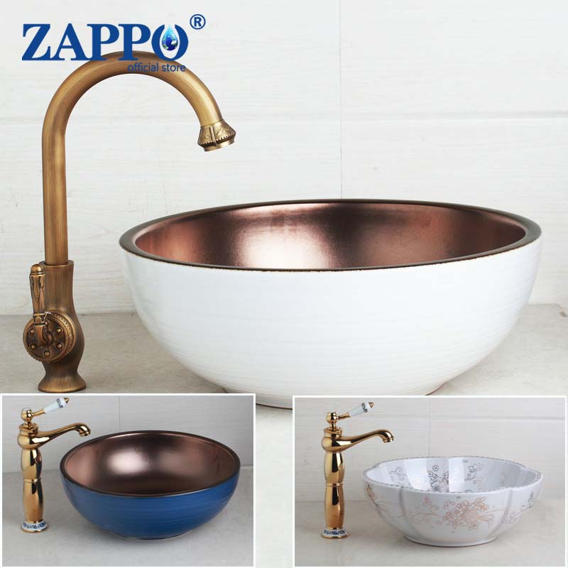 Zappo Baglietta lavandino da lavandino del lavandino Basino bianco W/ Mixer Tap Blue Art Ceramic Ciotola Ciotola Lavelli Set di rubinetti
