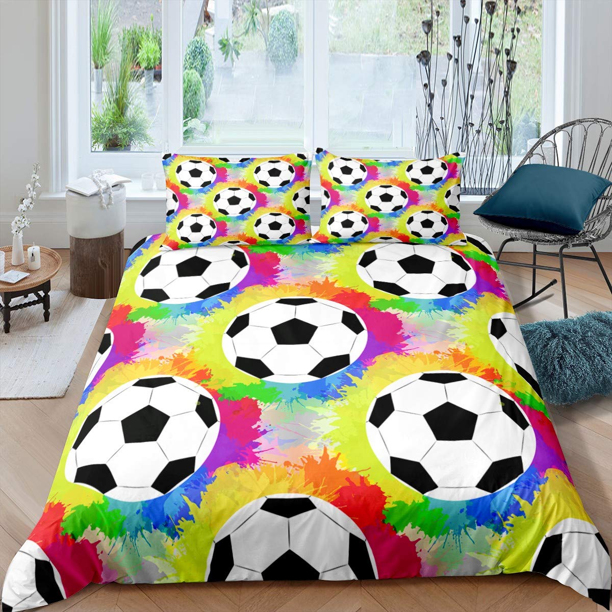 サッカー羽毛布団カバーセットサッカーボールパターンスポーツテーマの寝具セットマイクロファイバーカラフルなグランジスタイルダブルキングキルトカバー