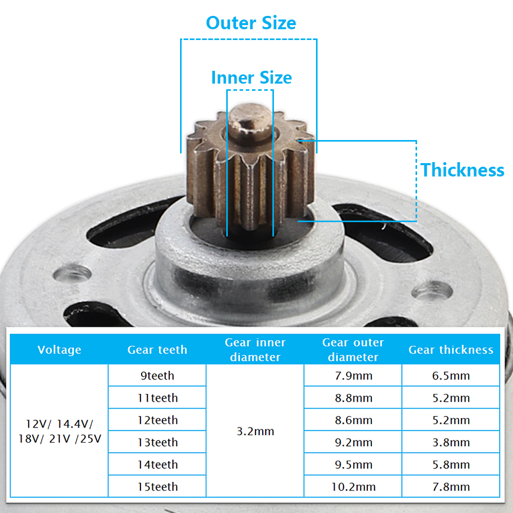 Rs550 12V 16.8V 21V 25V 19500 rpm DC Motor med två-växlad 12 tänder och växellåda med hög vridmoment för elektrisk borr / skruvmejsel