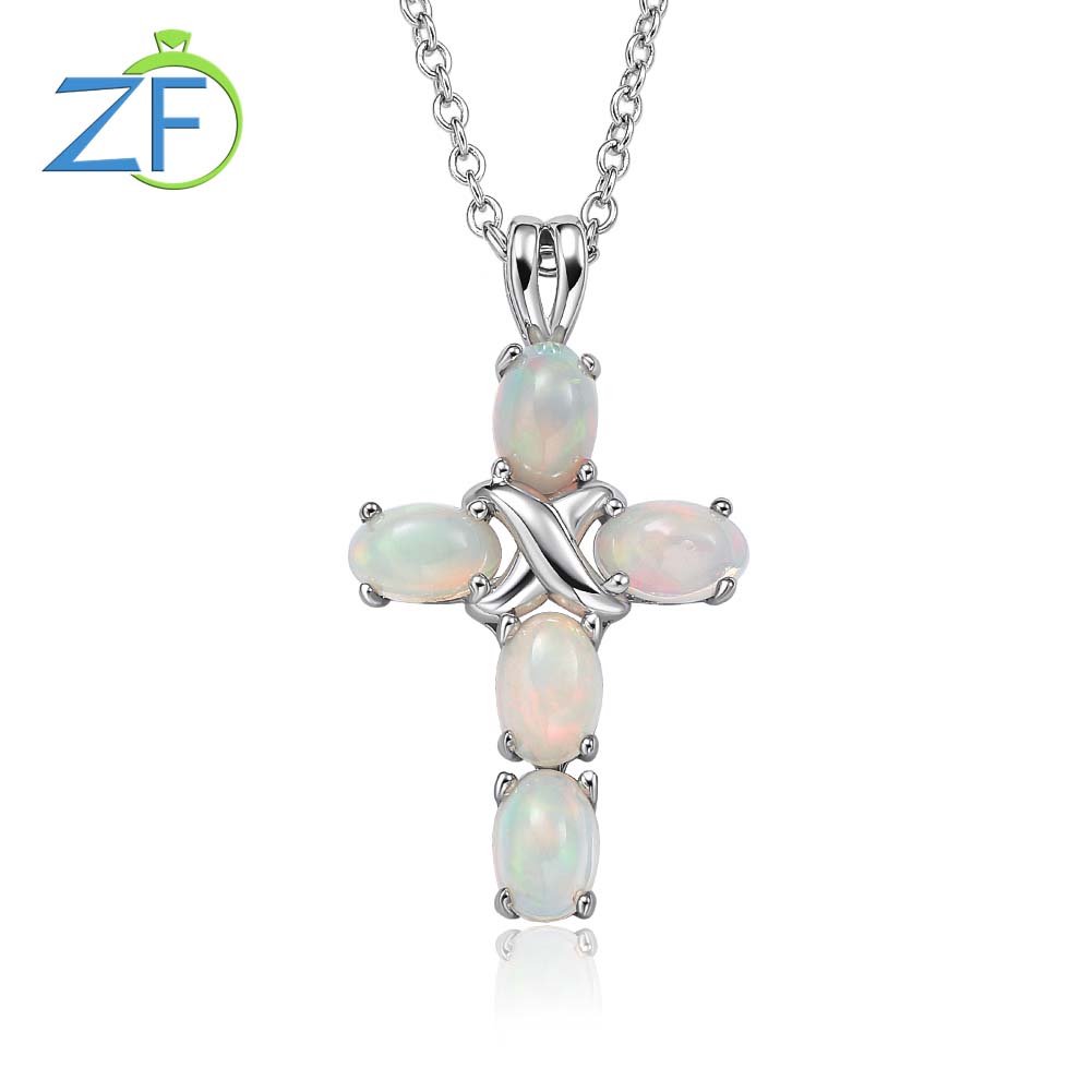 GZ Zongfa Oryginalny 925 Srebrny naszyjnik dla kobiet Owalny Naturalny Opal 6*4 mm Gem 1.5ct Cross Cross Wiselant Luksusowa biżuteria